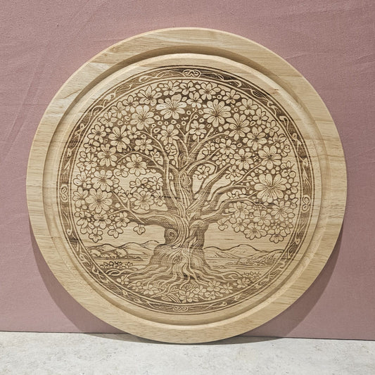 Hevea wood round Chopping Board - engraved Tree of Life