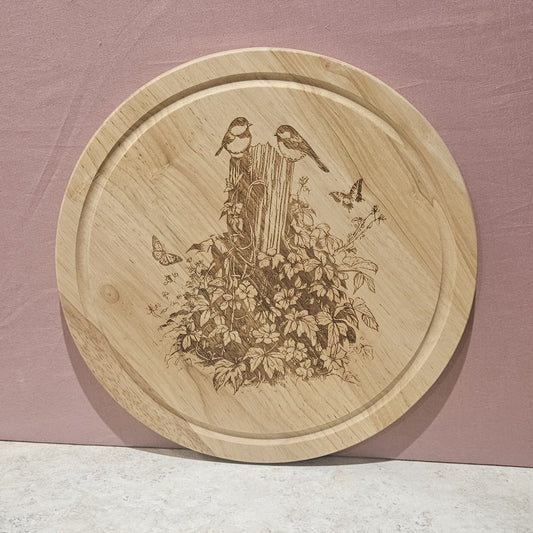 Hevea wood round Chopping Board - engraved Birds on Post