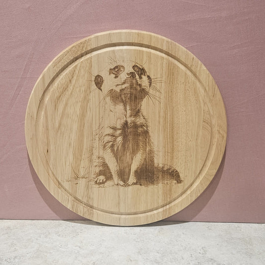 Hevea wood round Chopping Board - engraved Meerkat