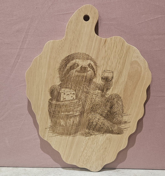 Laser engraved Sloth with wine design - Hevea Wood Chopping Board Grape Shape