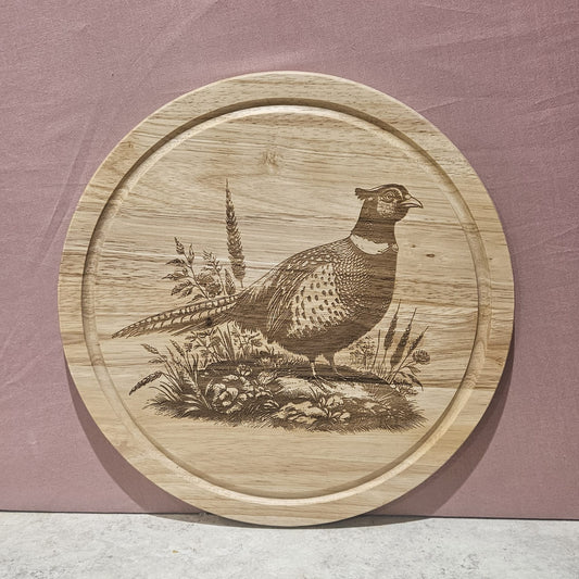 Hevea wood round Chopping Board - engraved Pheasant design