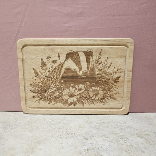 Laser engraved Badger & Sunflowers design - Hevea Wood Chopping Board Medium Rectangle