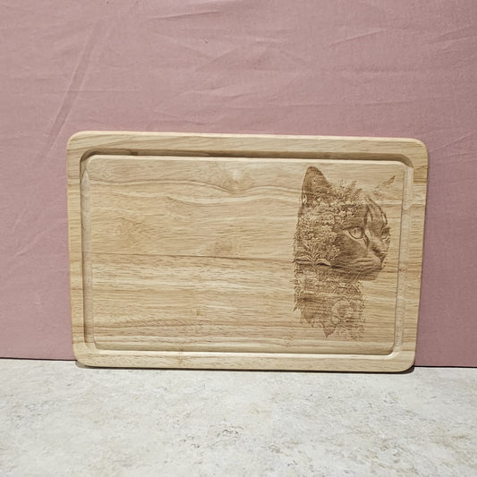 Laser engraved Cat design - Hevea Wood Chopping Board Medium Rectangle