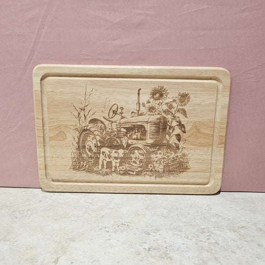 Laser engraved Vintage Tractor in Sunflowers design - Hevea Wood Chopping Board Medium Rectangle