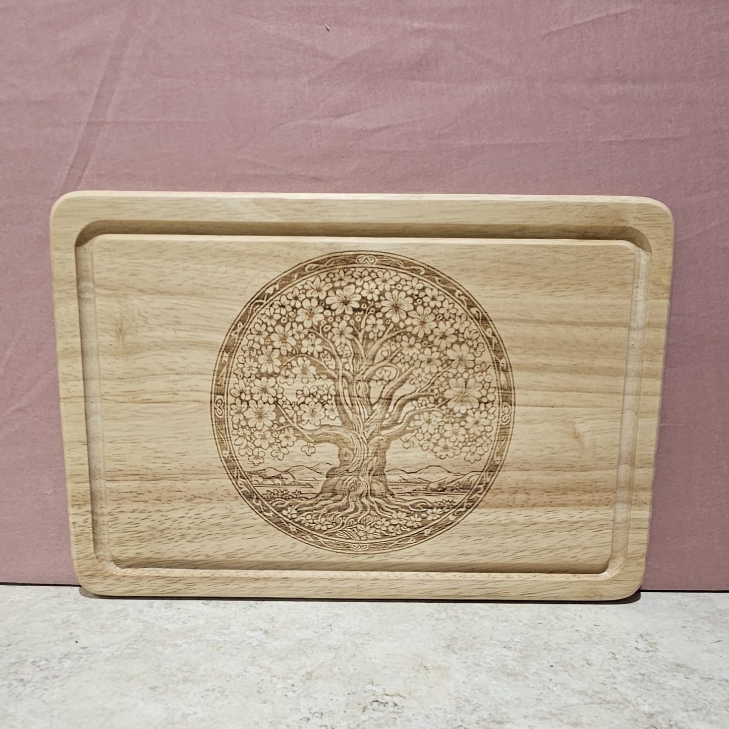 Laser engraved Tree of Life design - Hevea Wood Chopping Board Medium Rectangle