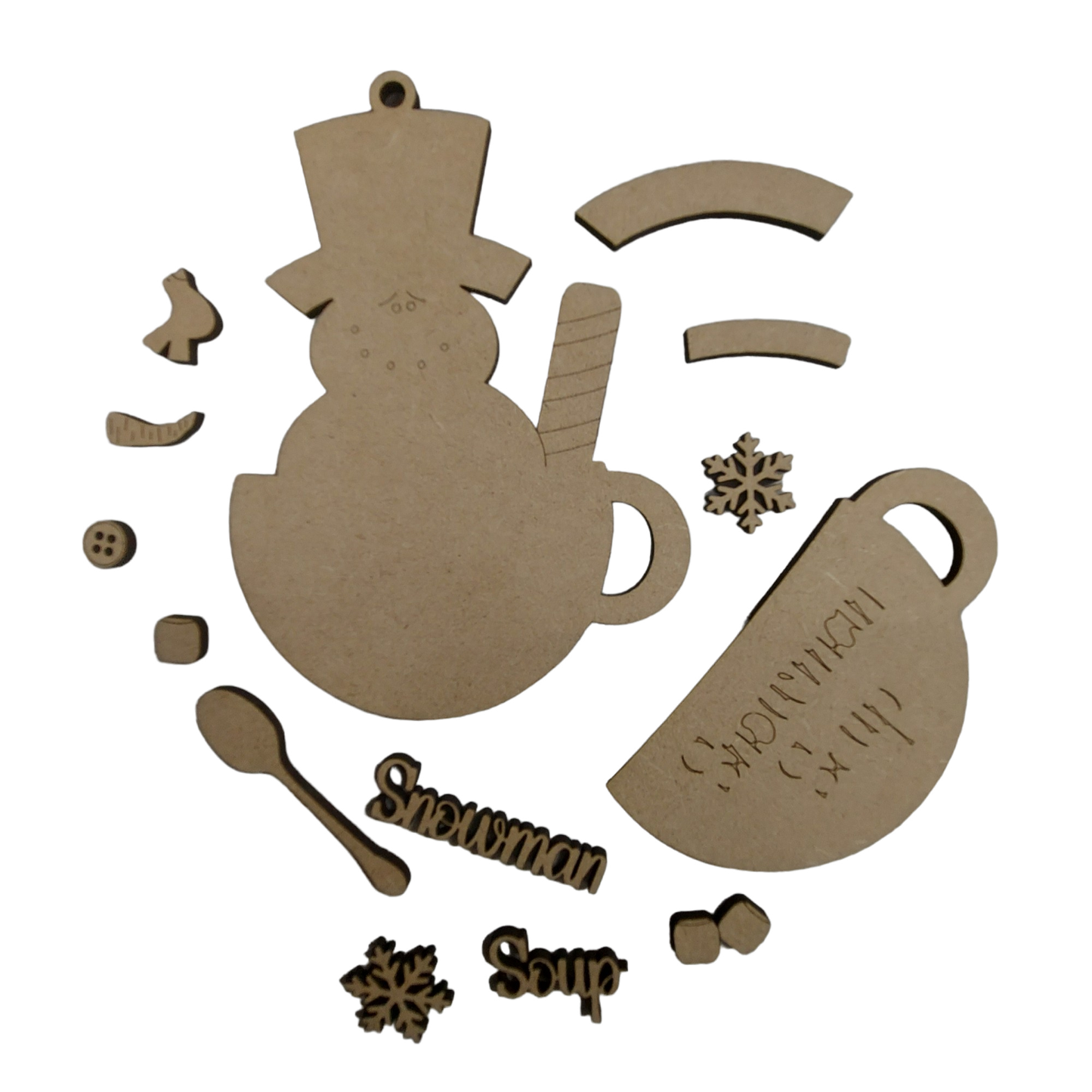 PAINTABLE MDF BLANK KIT - Christmas Hanging Ornament - Snowman in Soup Cup