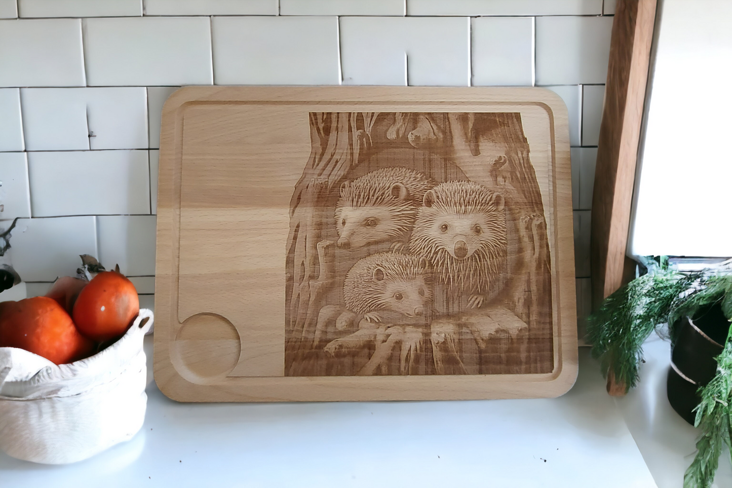 Large Beech Wood Chopping Board - Engraved 3D image of Hedgehog Family