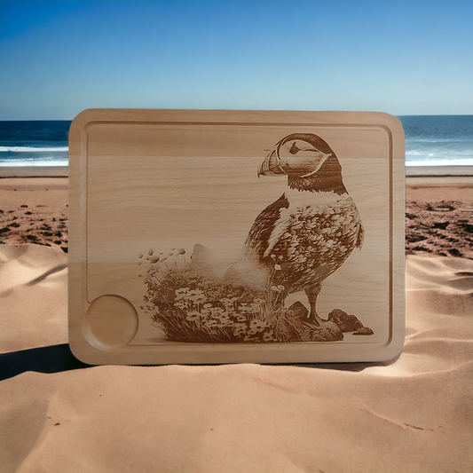 Large Beech Wood Chopping Board - Engraved 3D image of Puffin