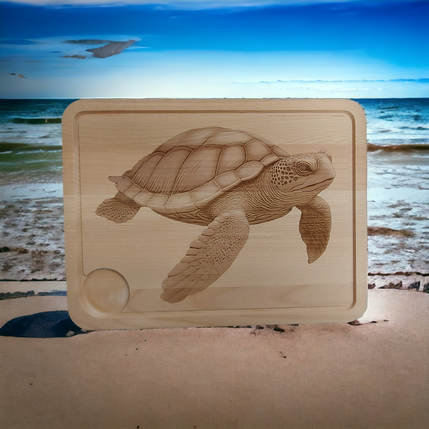 Large Beech Wood Chopping Board - Engraved 3D image of a Turtle