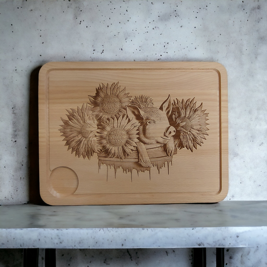 Large Beech Wood Chopping Board - Engraved 3D image of Pig & Sunflowers