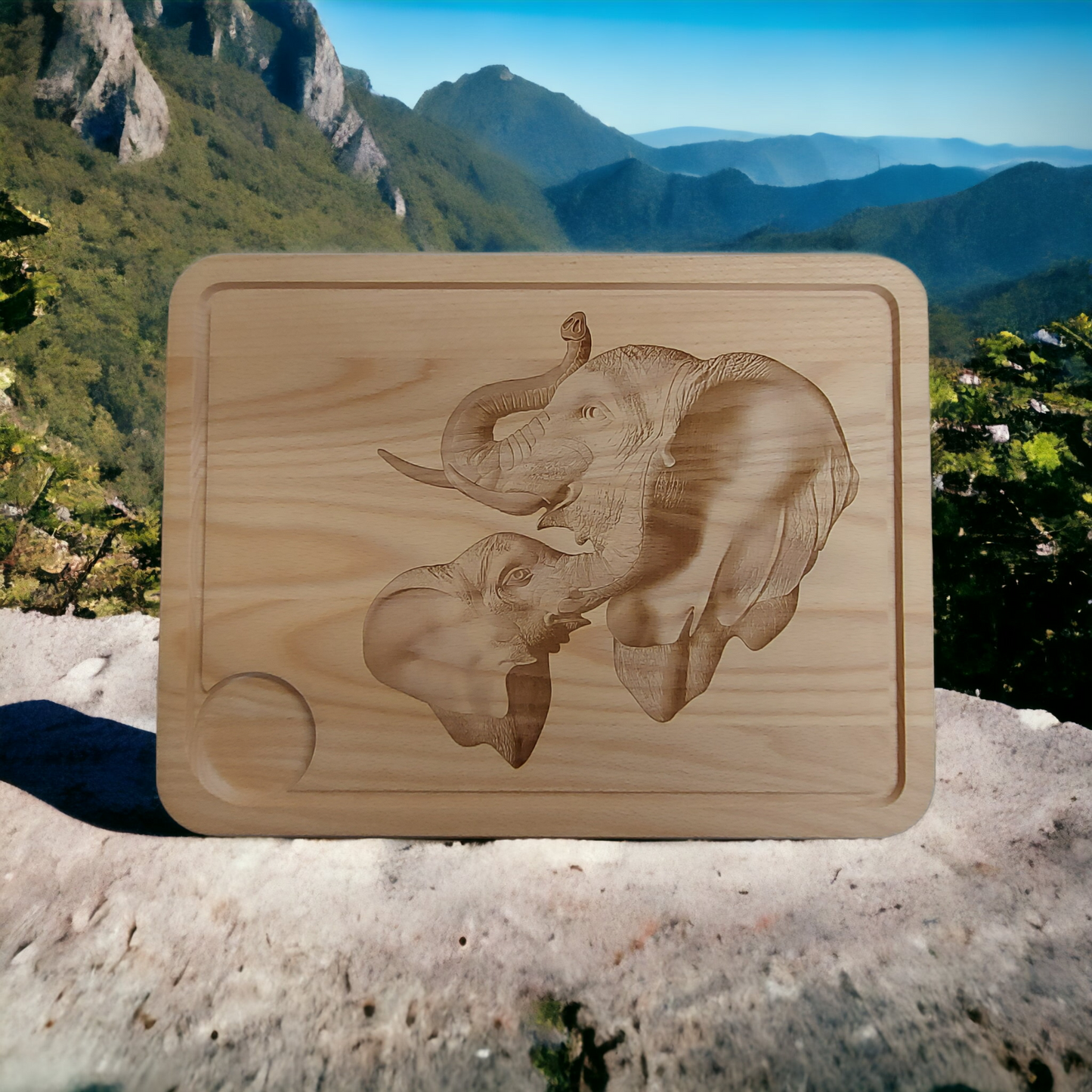 Large Beech Wood Chopping Board - Engraved 3D image of Elephants