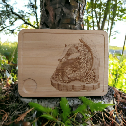 Large Beech Wood Chopping Board - Engraved 3D image of Badger