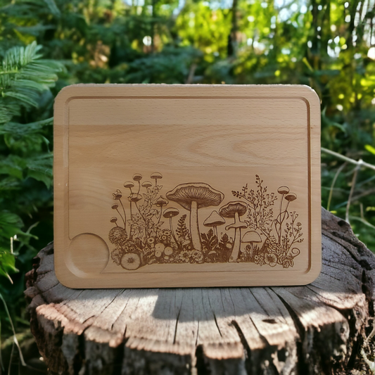 Large Beech Wood Chopping Board - Engraved 3D image of Mushrooms & flora