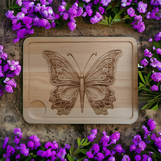 Large Beech Wood Chopping Board - Engraved 3D image of Butterfly