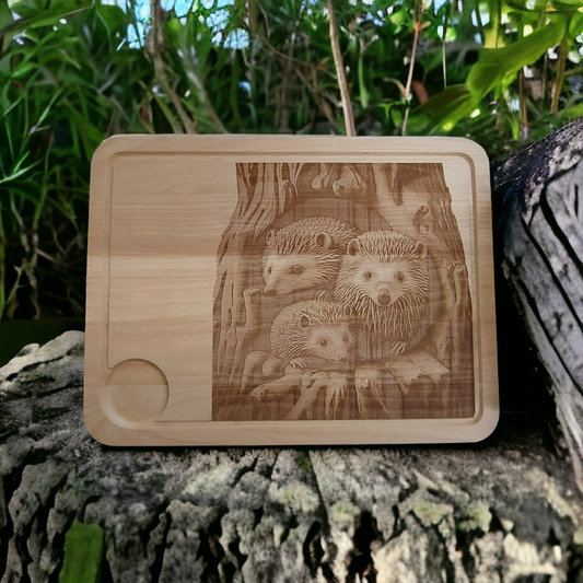 Large Beech Wood Chopping Board - Engraved 3D image of Hedgehog Family