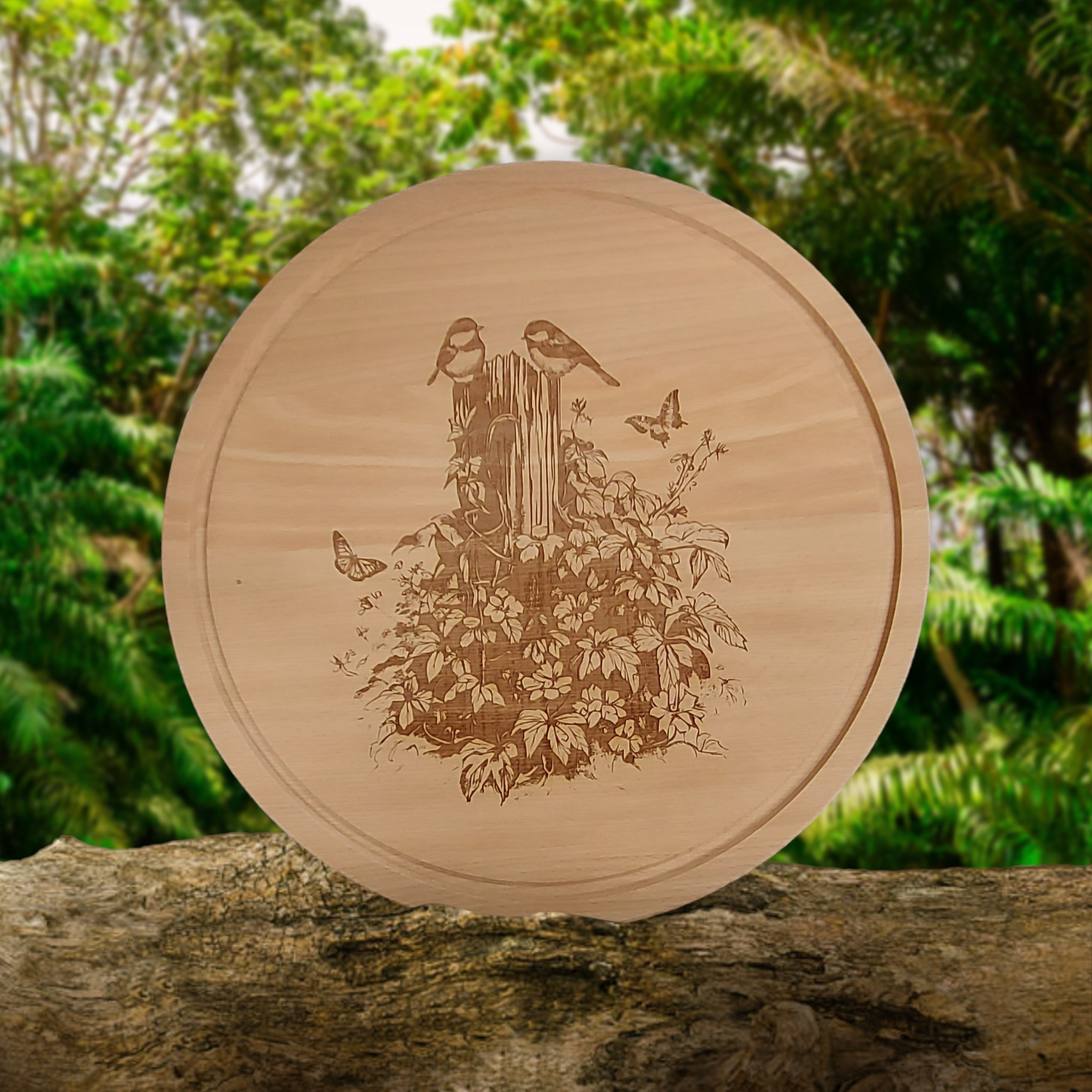 Beech Chopping Board 300mm Round - engraved Great Tits on Tree stump