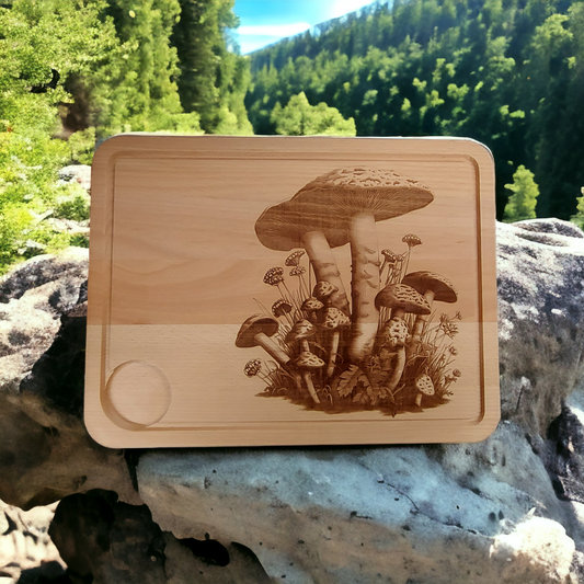 Large Beech Wood Chopping Board - Engraved 3D image of Mushrooms