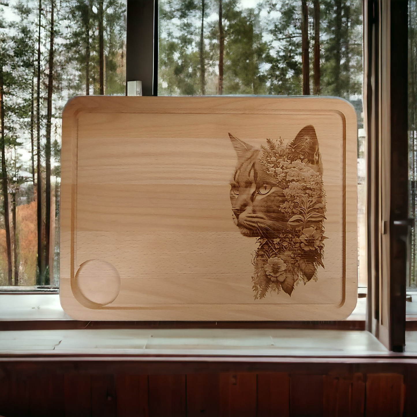 Large Beech Wood Chopping Board - Engraved 3D image of Cat