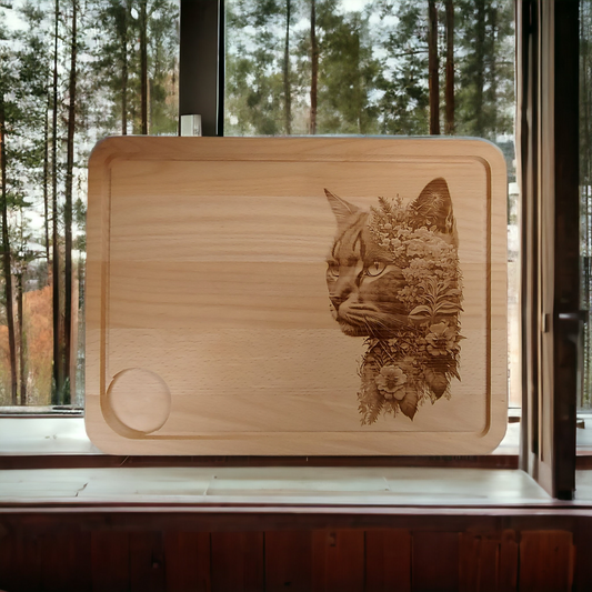 Large Beech Wood Chopping Board - Engraved 3D image of Cat