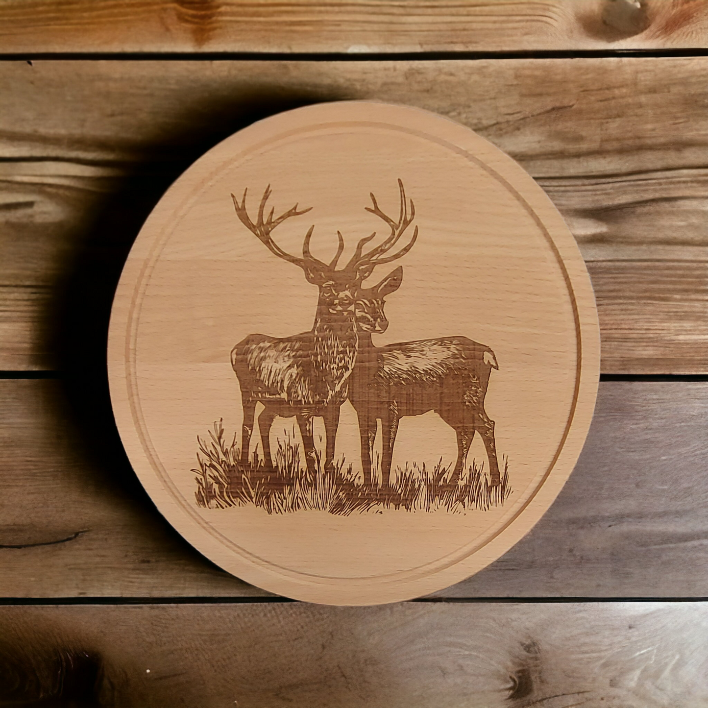 Beech Chopping Board 300mm Round - engraved Red Deer