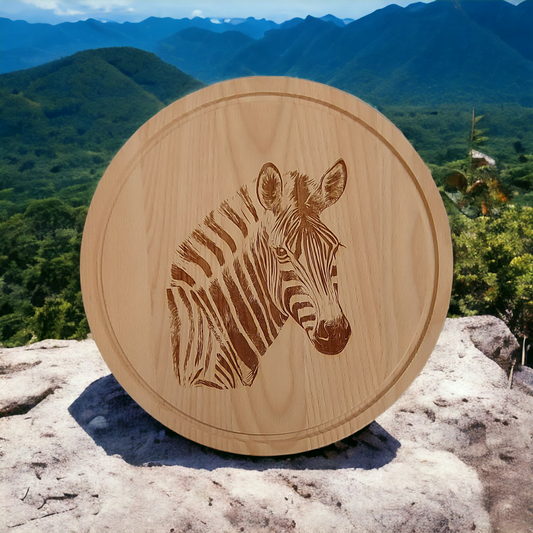 Beech Chopping Board 300mm diameter-  engraved Zebra