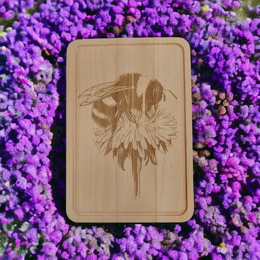 Beech Chopping Board Medium Rectangle  - engraved Bee on Dandelion