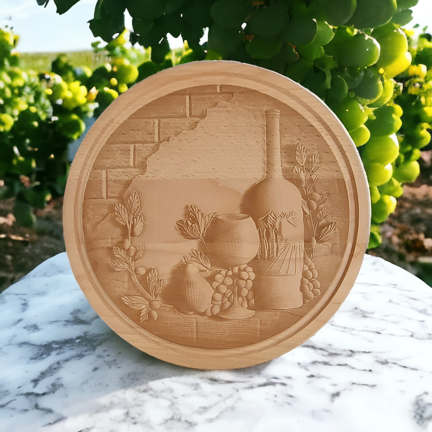 Beech Wooden Board 3D Engraved wine bottle, glass and grapes