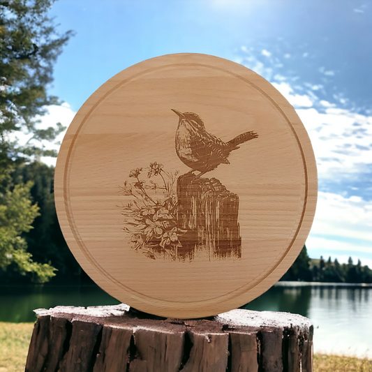 Beech Chopping Board - engraved Wren on tree stump