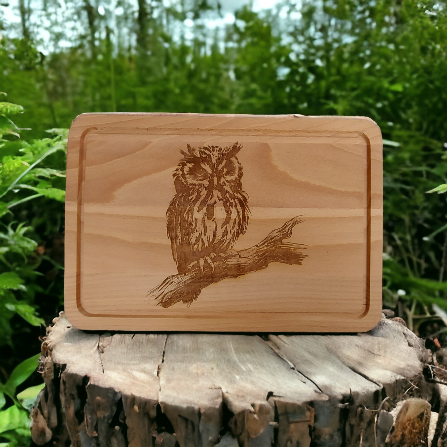 Beech Chopping Board Medium Rectangle  - engraved Owl on Branch