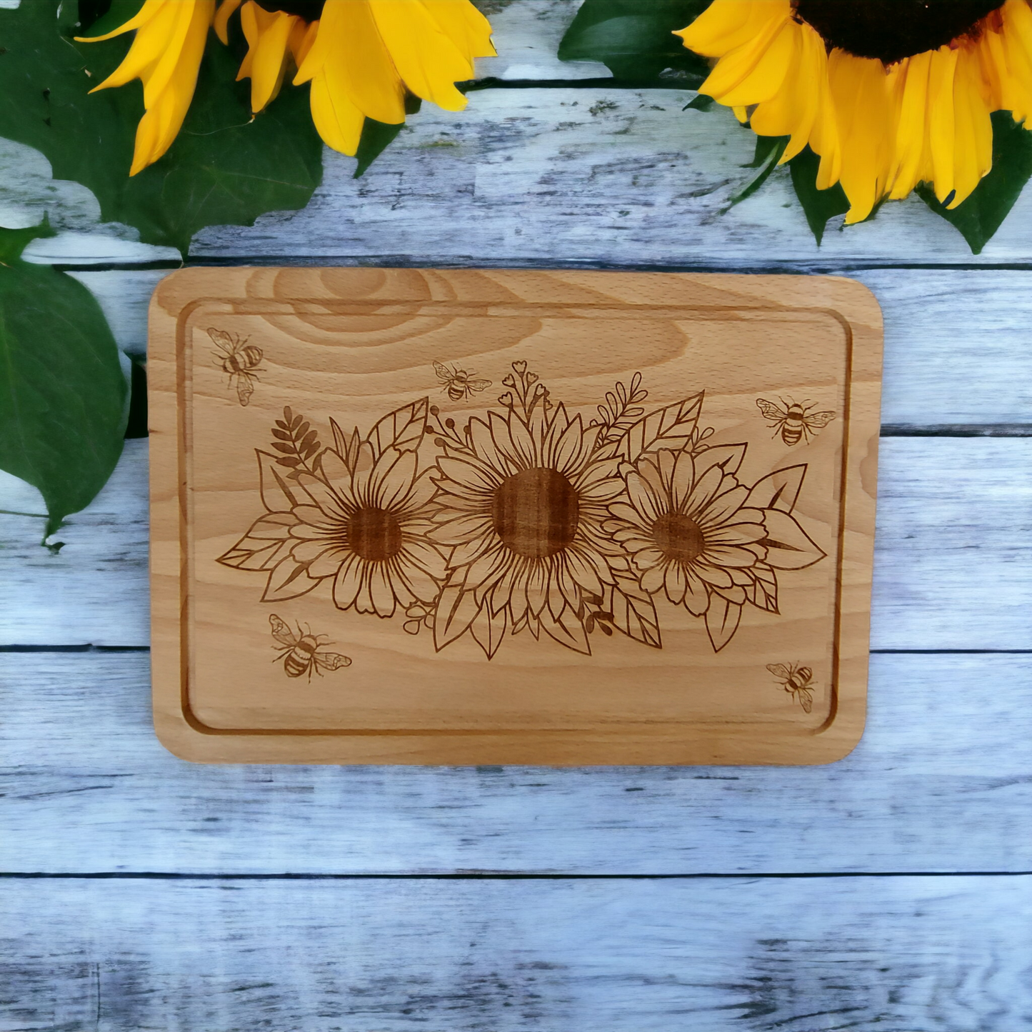 Beech Chopping Board Medium Rectangle  - engraved Sunflowers & 5 Bees