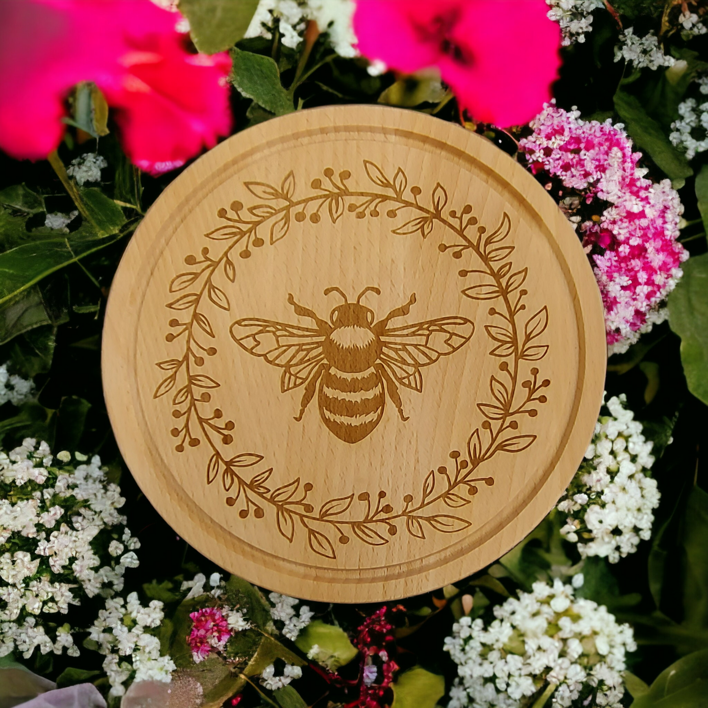 Small Round Beech Chopping Board - engraved Bee in floral wreath