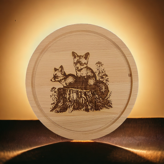 Small Round Beech Chopping Board - engraved Fox Cubs on Stump