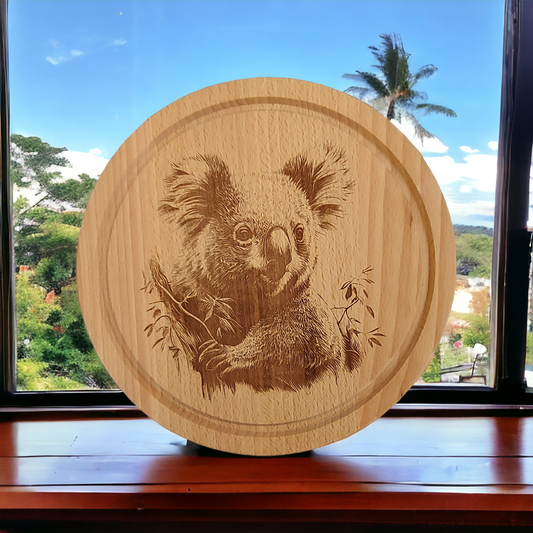 Small Round Beech Chopping Board - engraved Koala