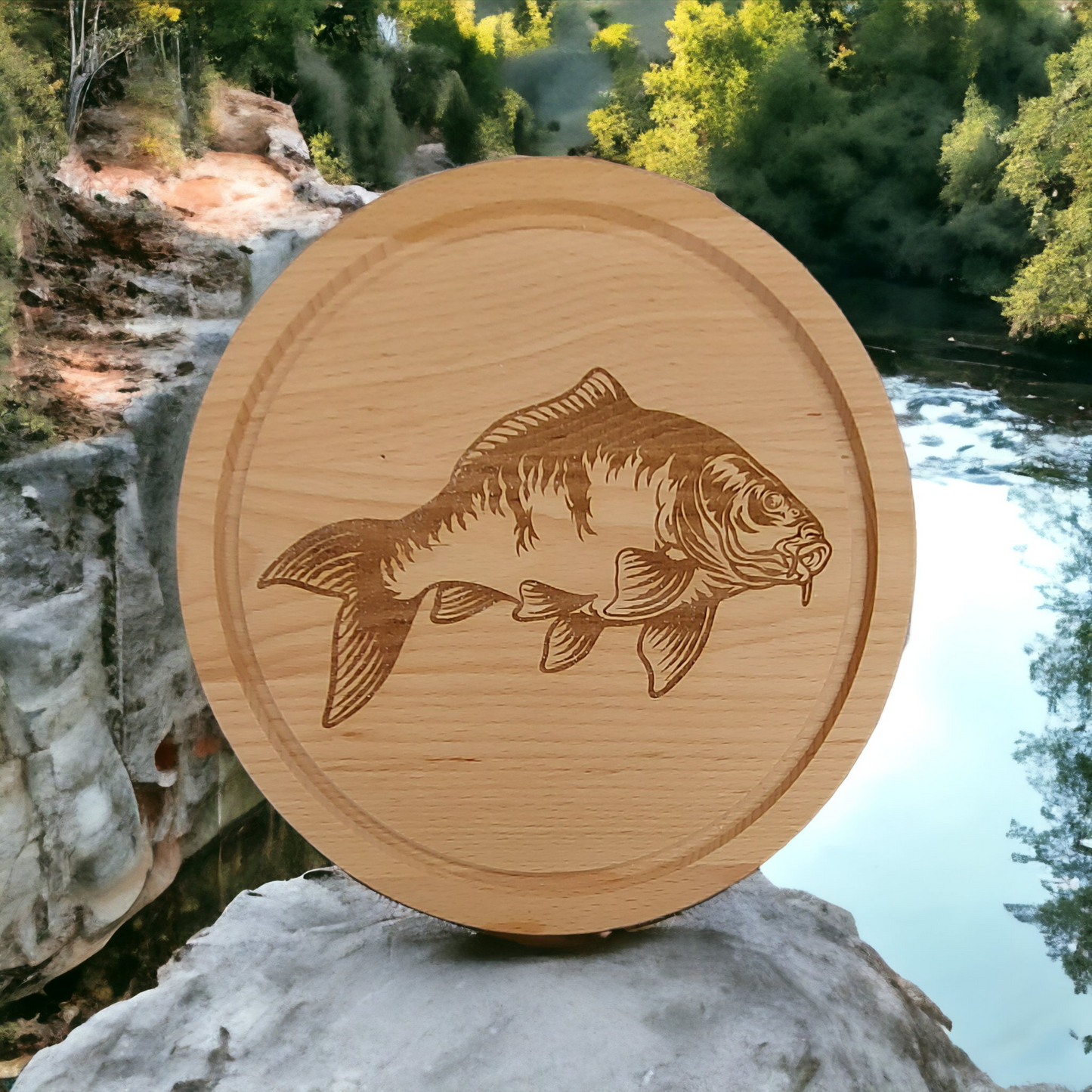 Small Round Beech Chopping Board - engraved Mirror Carp