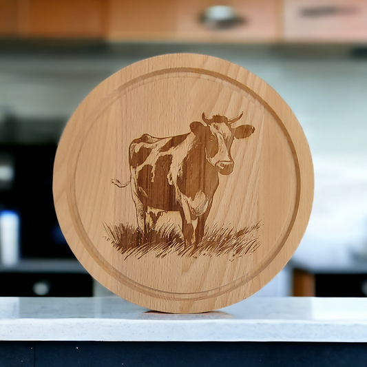 Small Round Beech Chopping Board - engraved Cow