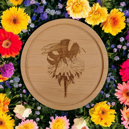 Small Round Beech Chopping Board - engraved Bee on Dandelion