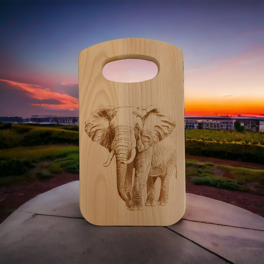 Small Curved Rectangular Beech Chopping Board With Handle - engraved Elephant