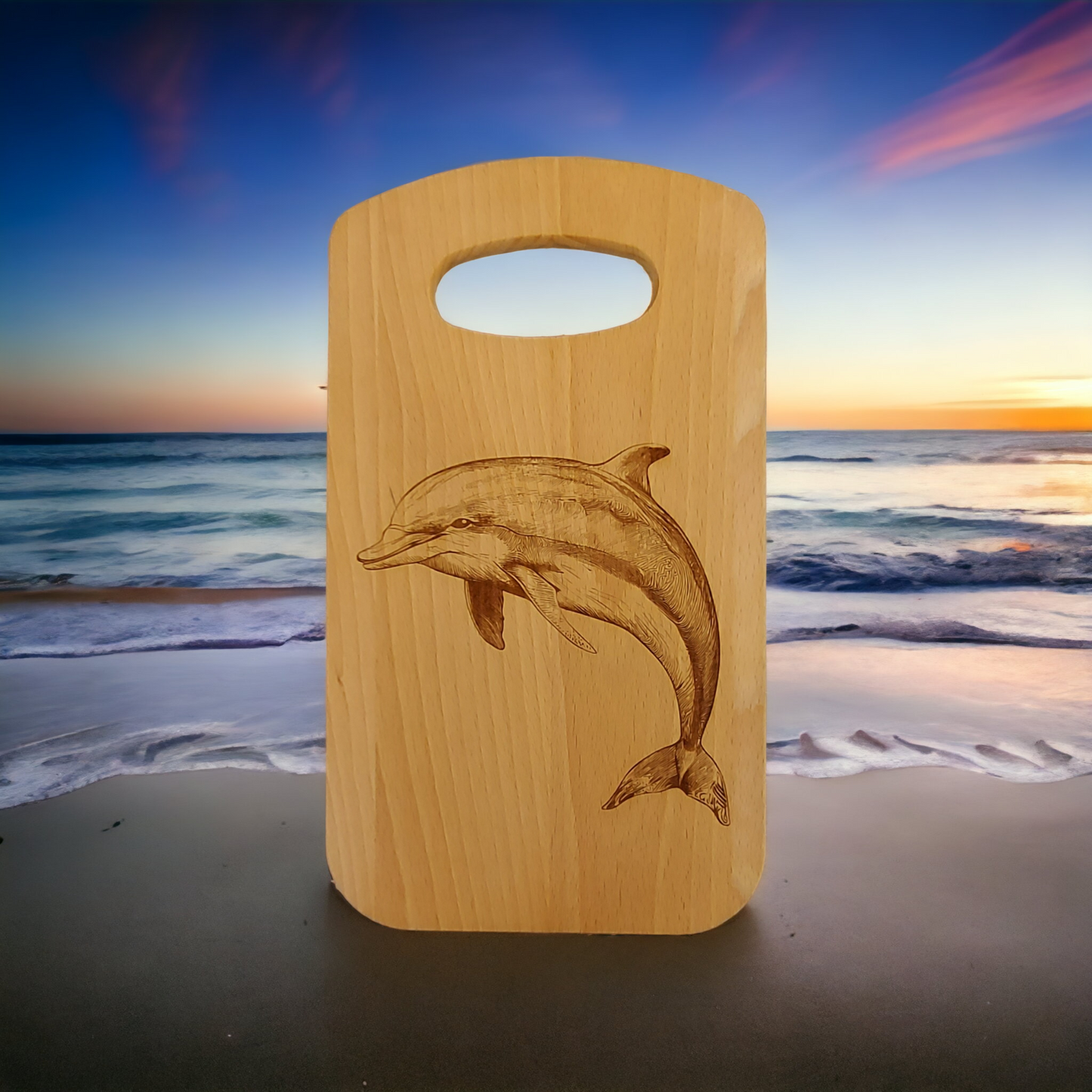 Small Curved Rectangular Beech Chopping Board With Handle - engraved Dolphin