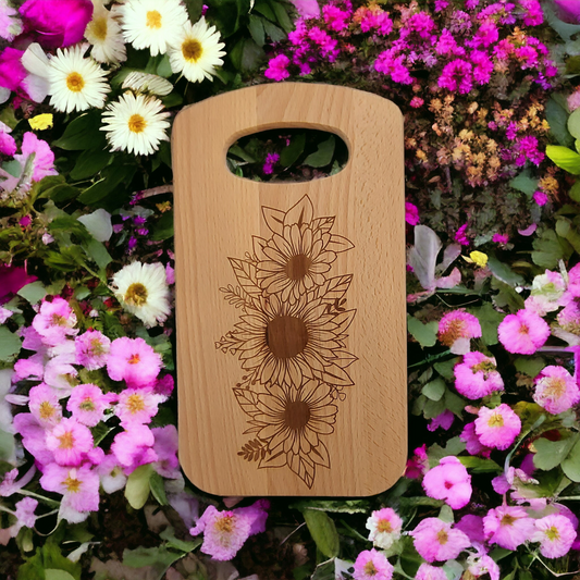 Small Curved Rectangular Beech Chopping Board With Handle - engraved Sunflowers