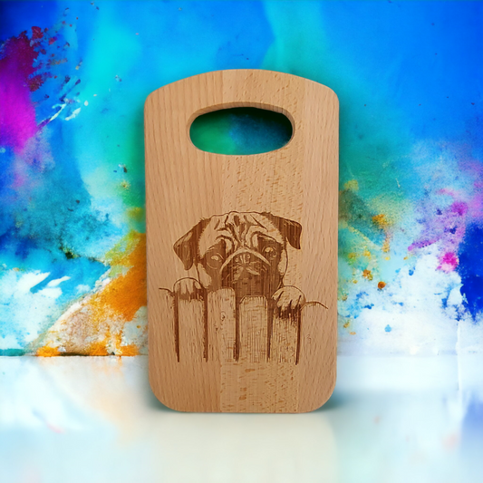 Small Curved Rectangular Beech Chopping Board With Handle - engraved Pug