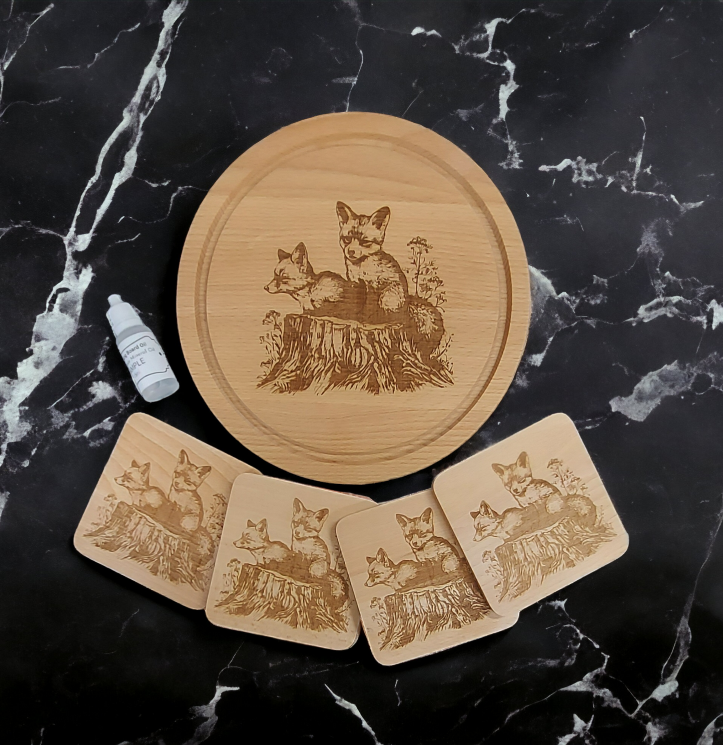 Beech Chopping Board & 4 Coasters Set  - engraved Fox Cubs