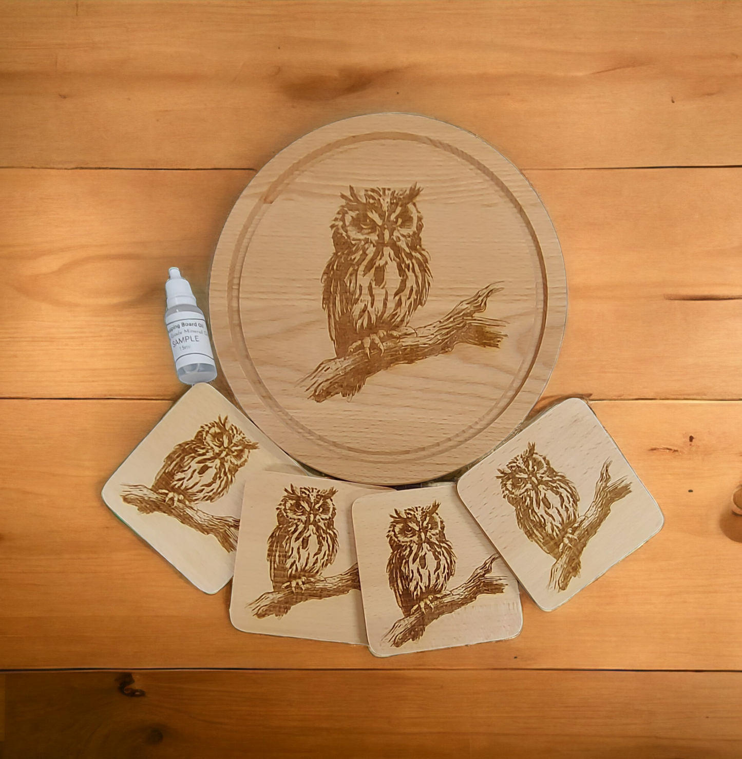 Beech Chopping Board & 4 Coasters Set  - engraved Owl on Branch