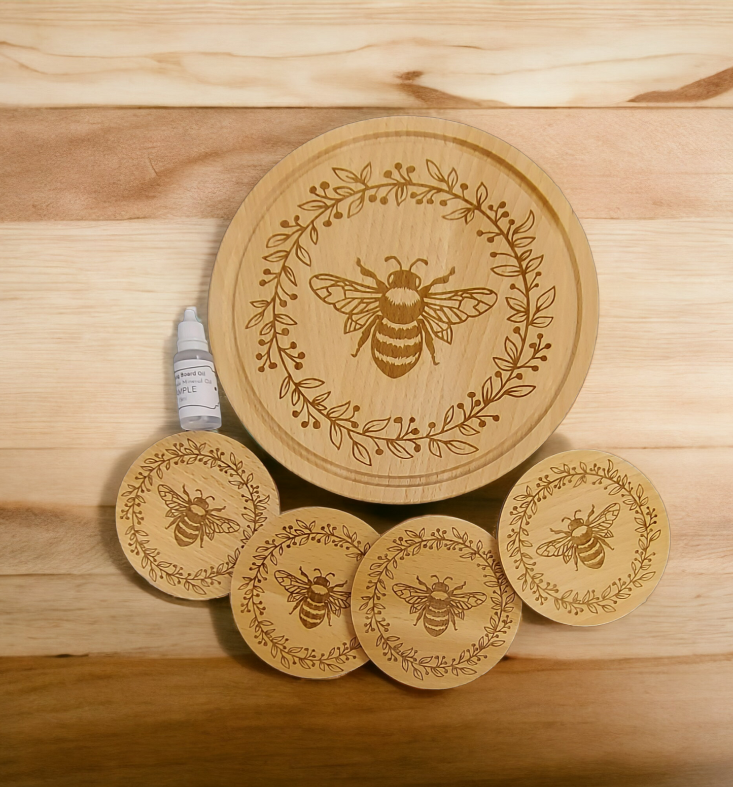 Beech Chopping Board & 4 Coasters Set  - engraved Bee in floral wreath