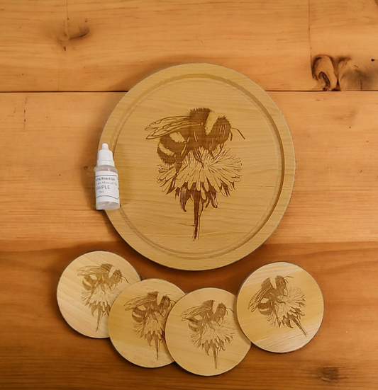 Beech Chopping Board & 4 Coasters Set  - engraved Bee on Dandelion