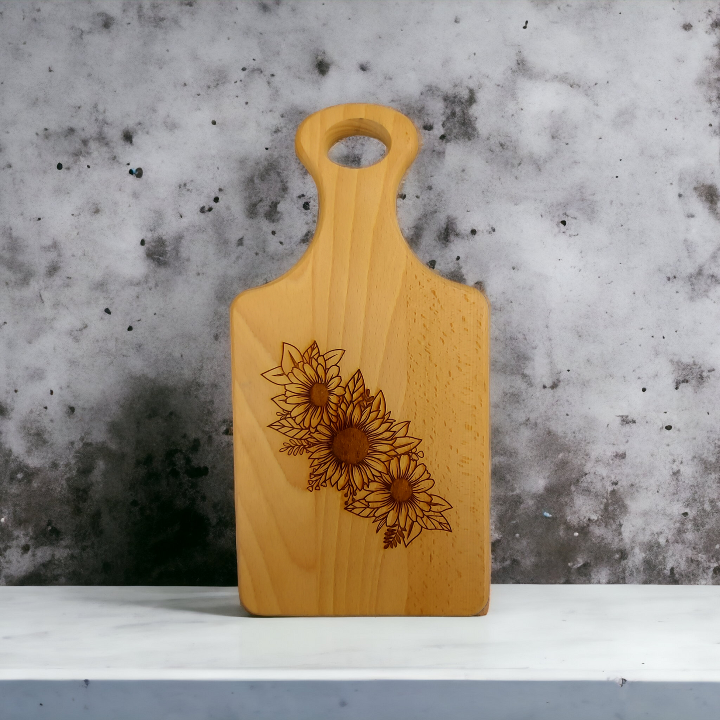 Beech Paddle Chopping Board - engraved Sunflowers