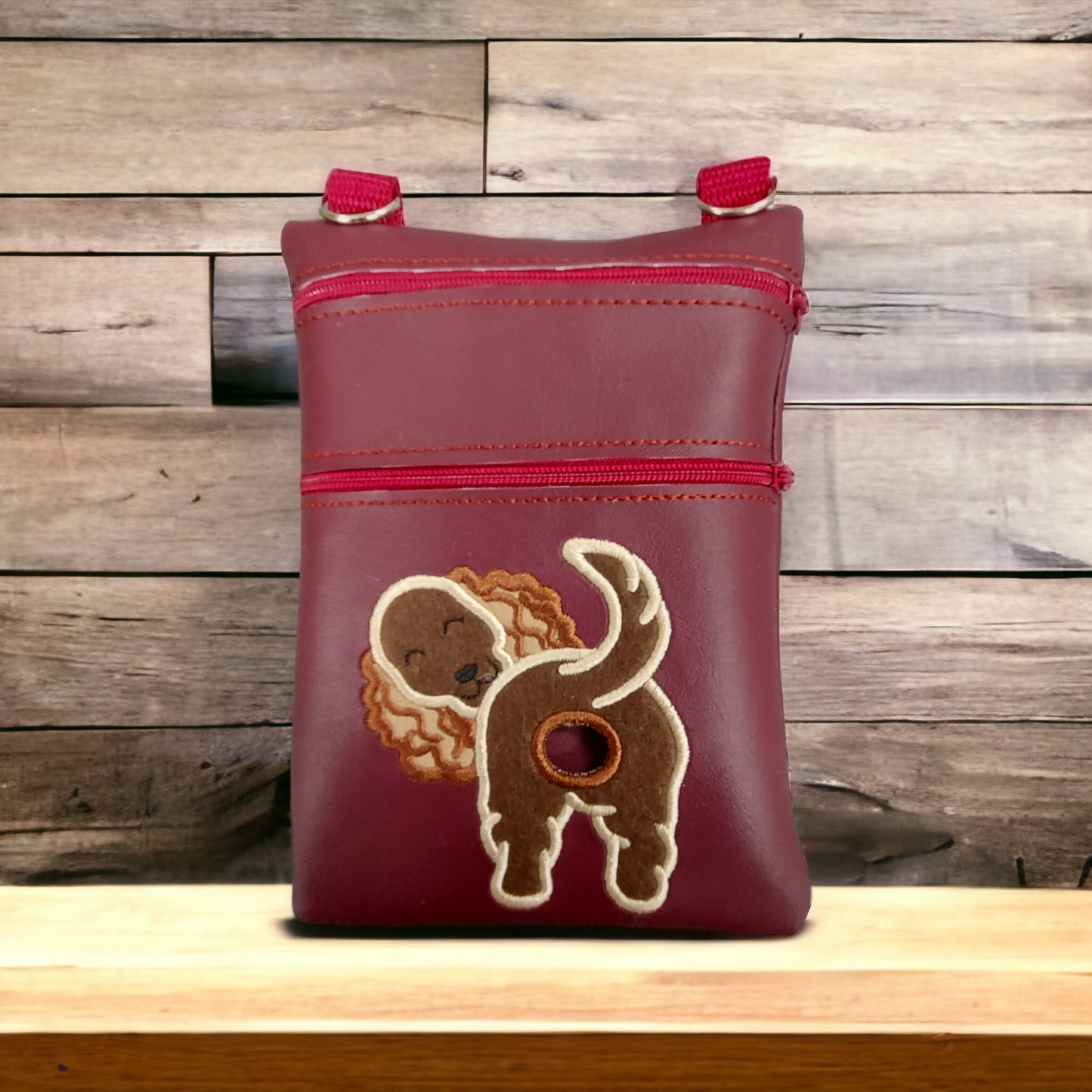 DOG WALKING BAG with Matching adjustable strap - Burgandy with Dog Design