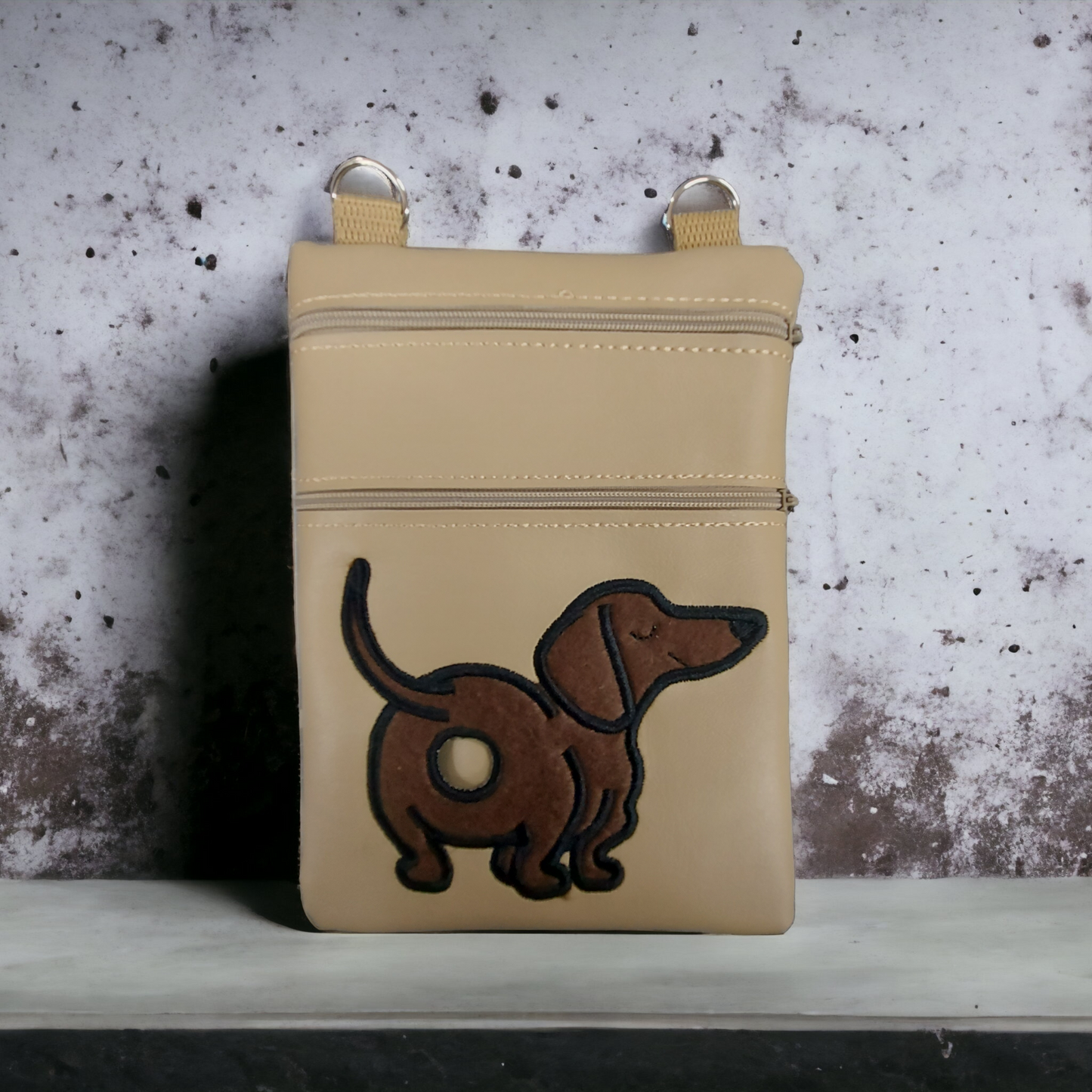 DOG WALKING BAG with Matching adjustable strap - Beige with Dachshund Design