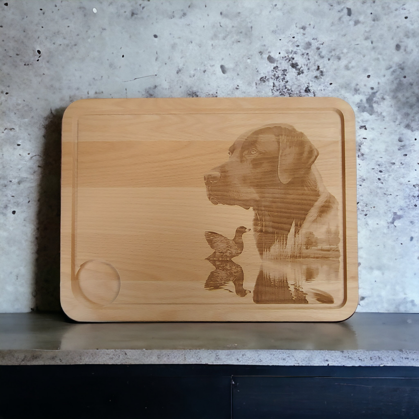 Large Beech Wood Chopping Board - Engraved Labrador & Duck