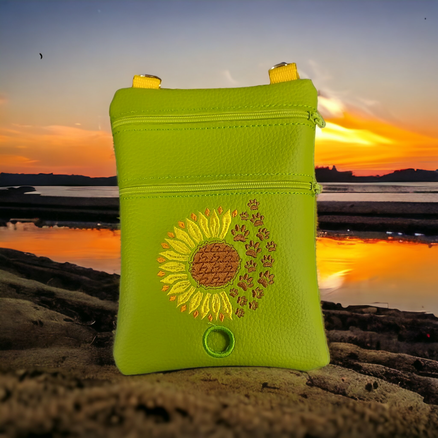 DOG WALKING BAG with Matching adjustable strap - Lime Green with Sunflower Design