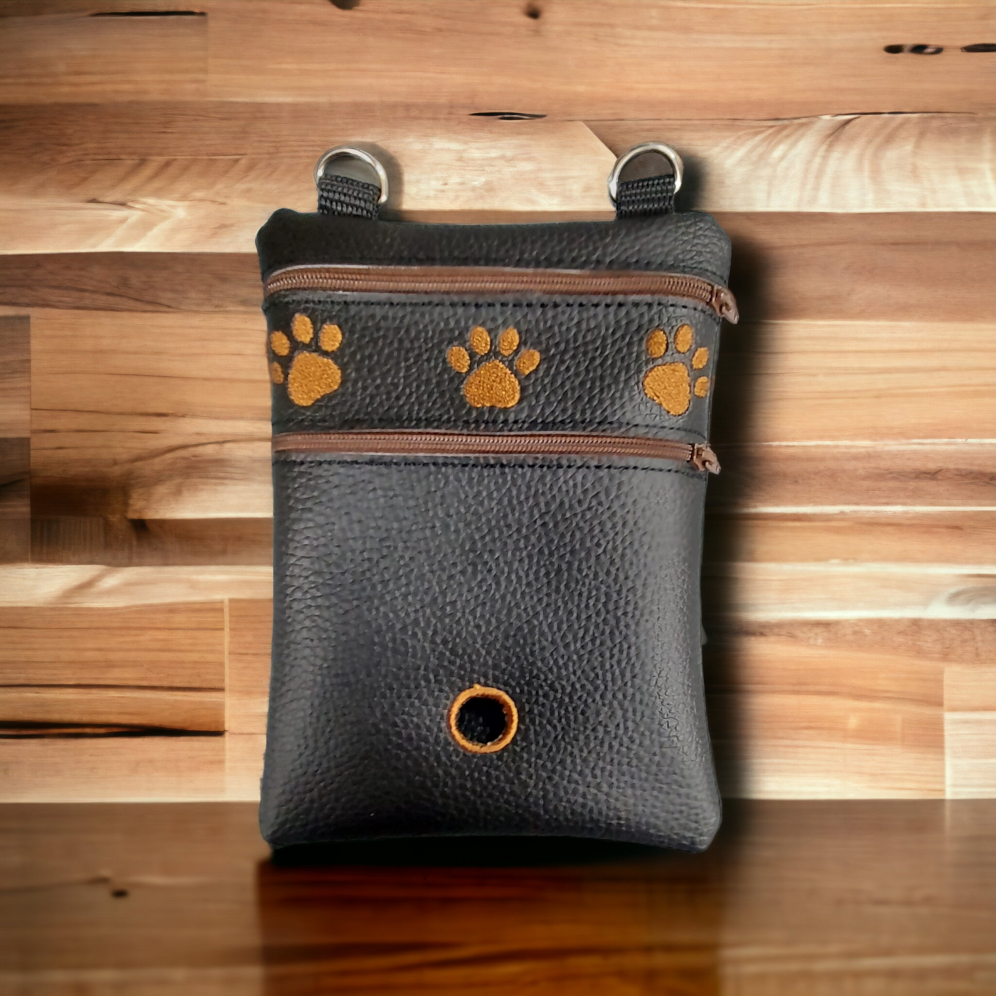 DOG WALKING BAG with Matching adjustable strap - Black with Brown Paw print design